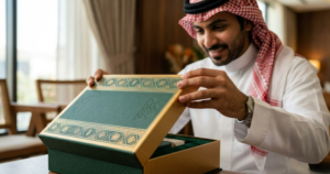 رجل سعودي يفتح علبة منتج فاخرة باللونين الأخضر الداكن والذهبي مع زخارف تراثية، مما يعكس تأثير تصميم تغليف المنتجات والعلب على تجربة المستهلك، من تنفيذ Basirah كإحدى شركات تصميم بالسعودية.